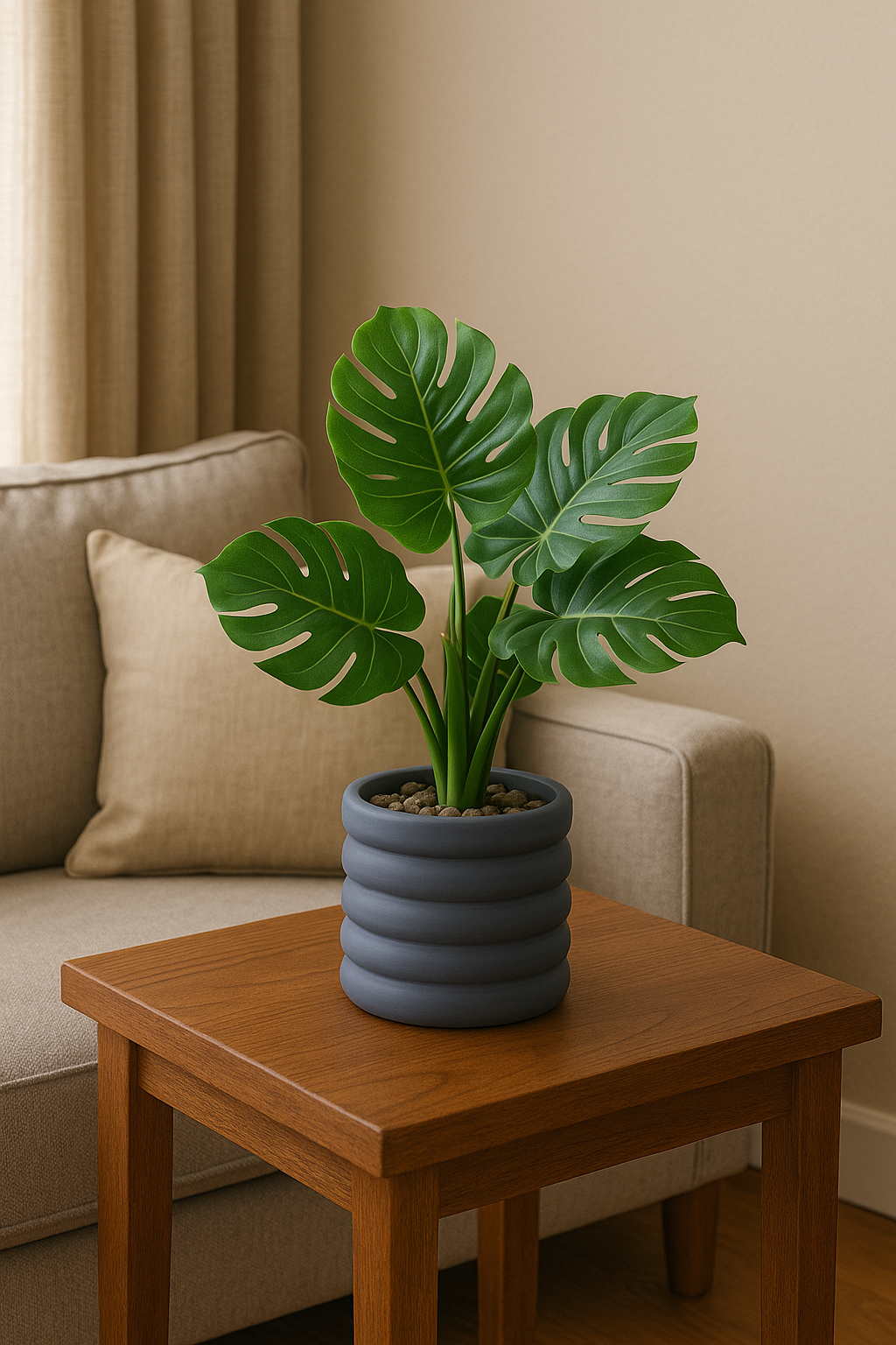 Artificial Calathea Leaf Plant in Modern Black Ribbed Pot – Realistic Indoor Décor