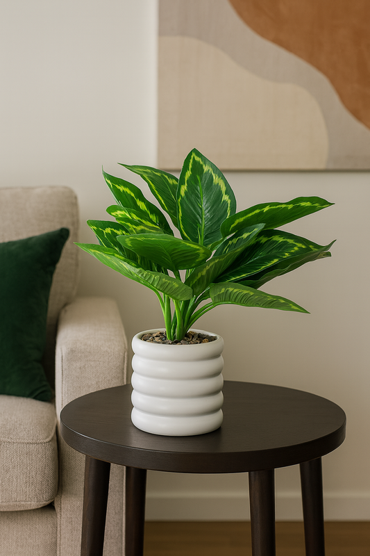 Artificial Calathea Leaf Plant in Modern Black Ribbed Pot – Realistic Indoor Décor