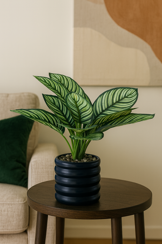 Artificial Calathea Leaf Plant in Modern Black Ribbed Pot – Realistic Indoor Décor