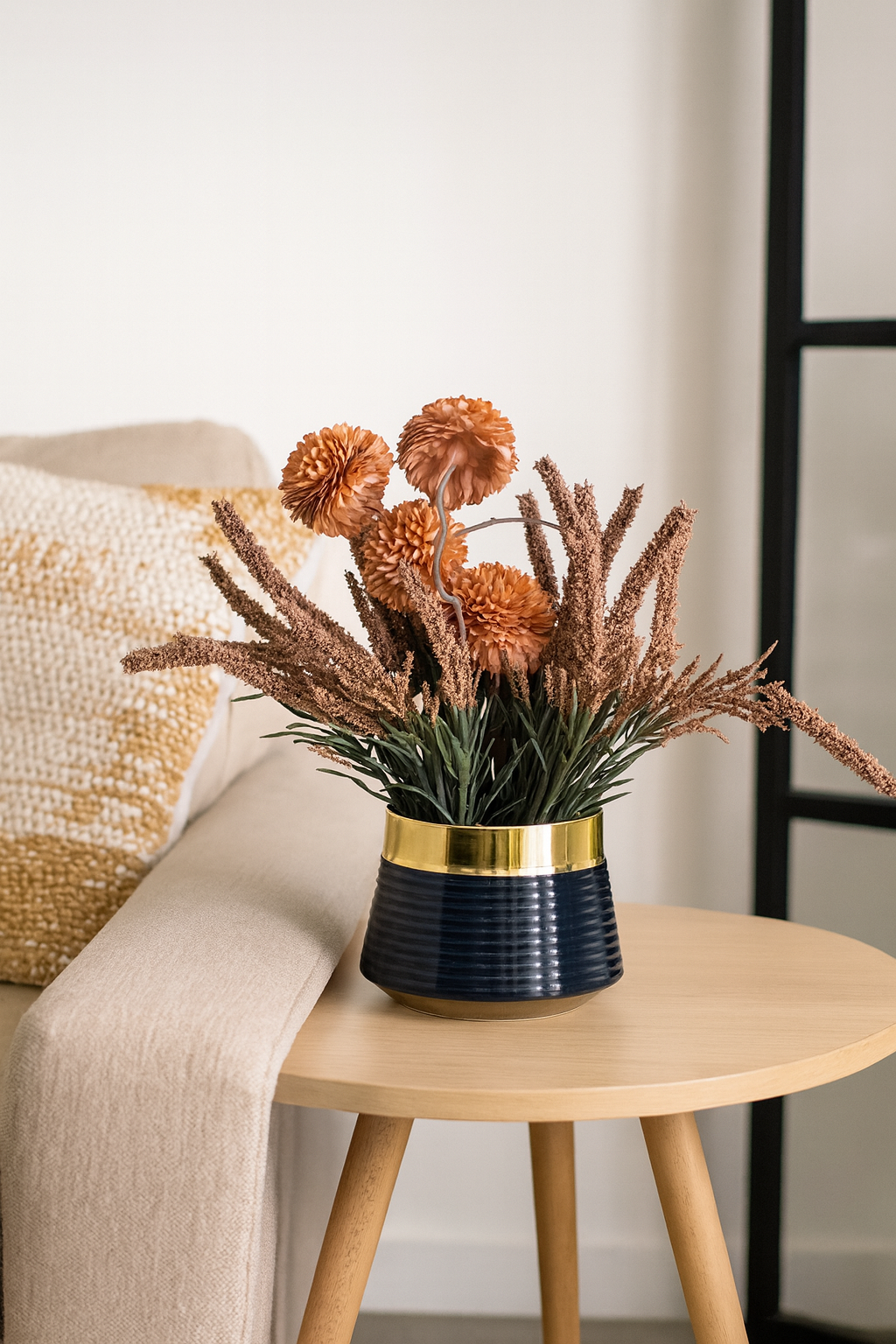 Elegant White Artificial Dahlia & Grass Arrangement in Black & Gold Pot