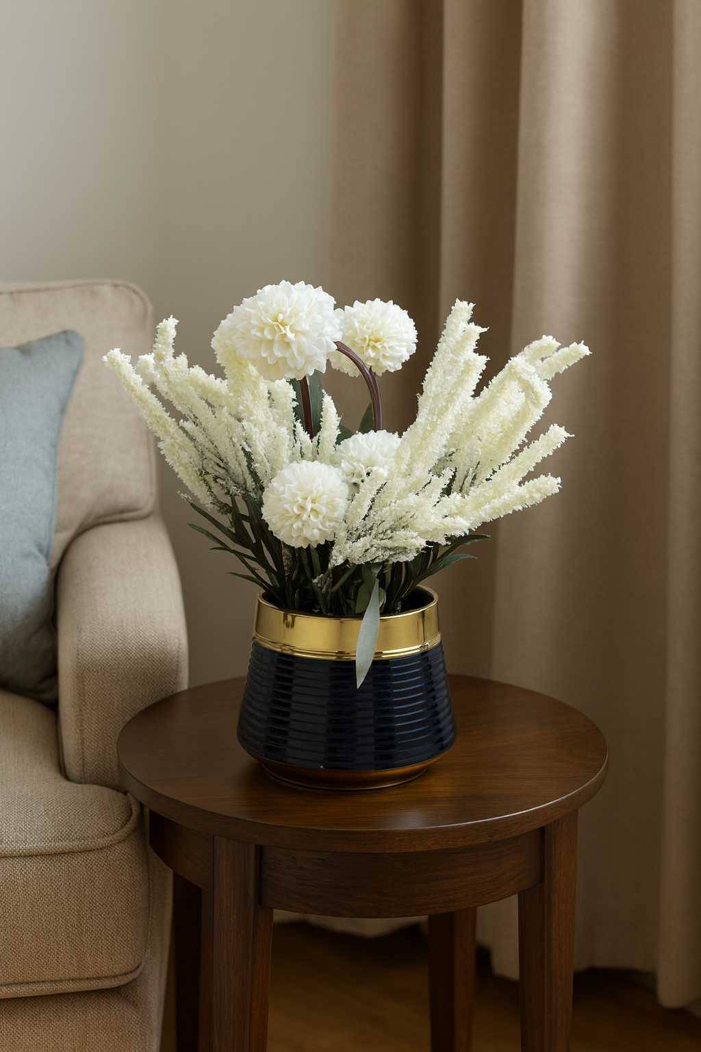Elegant White Artificial Dahlia & Grass Arrangement in Black & Gold Pot