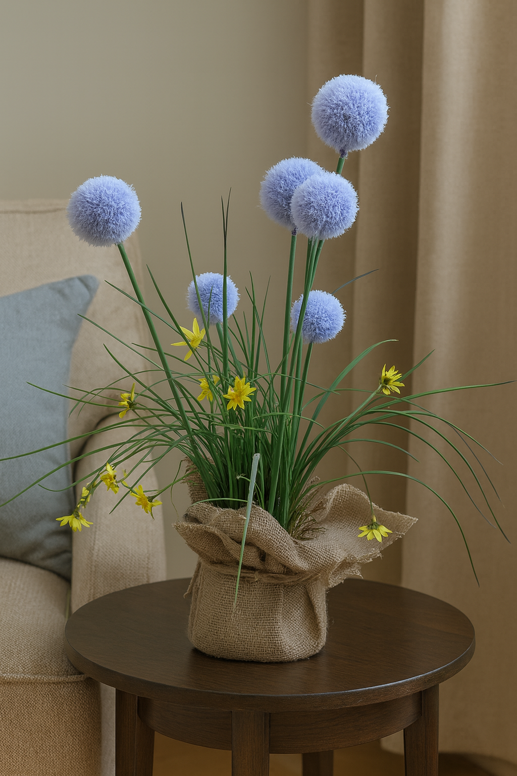 Artificial White Pom-Pom Potted Plant with Yellow Flowers – Rustic Burlap Pot