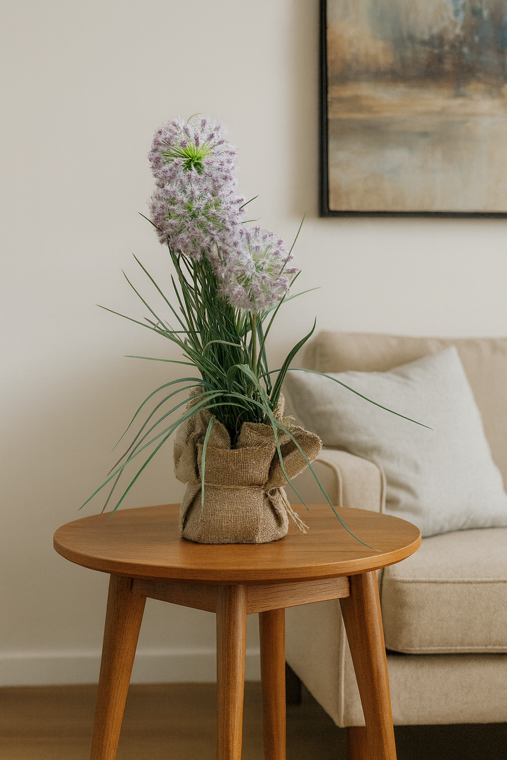 Artificial Green Pom-Pom Grass Plant in Rustic Burlap Pot