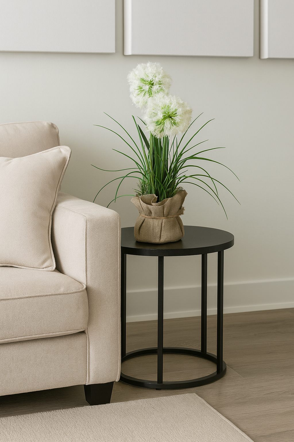 Artificial Green Pom-Pom Grass Plant in Rustic Burlap Pot