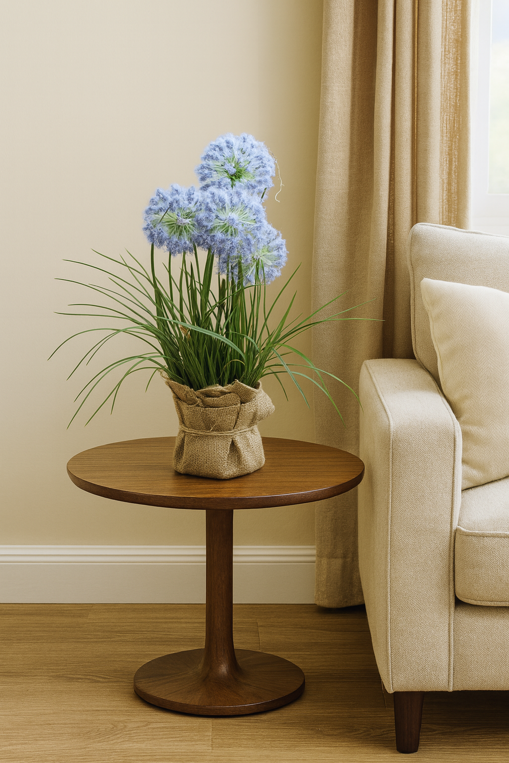 Artificial Green Pom-Pom Grass Plant in Rustic Burlap Pot