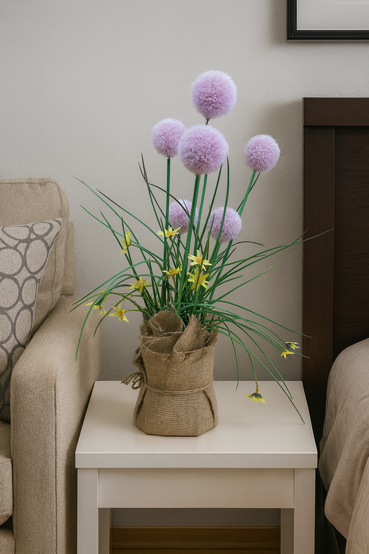 Artificial White Pom-Pom Potted Plant with Yellow Flowers – Rustic Burlap Pot