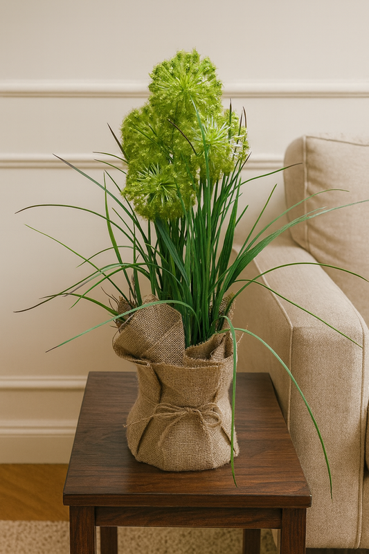 Artificial Green Pom-Pom Grass Plant in Rustic Burlap Pot