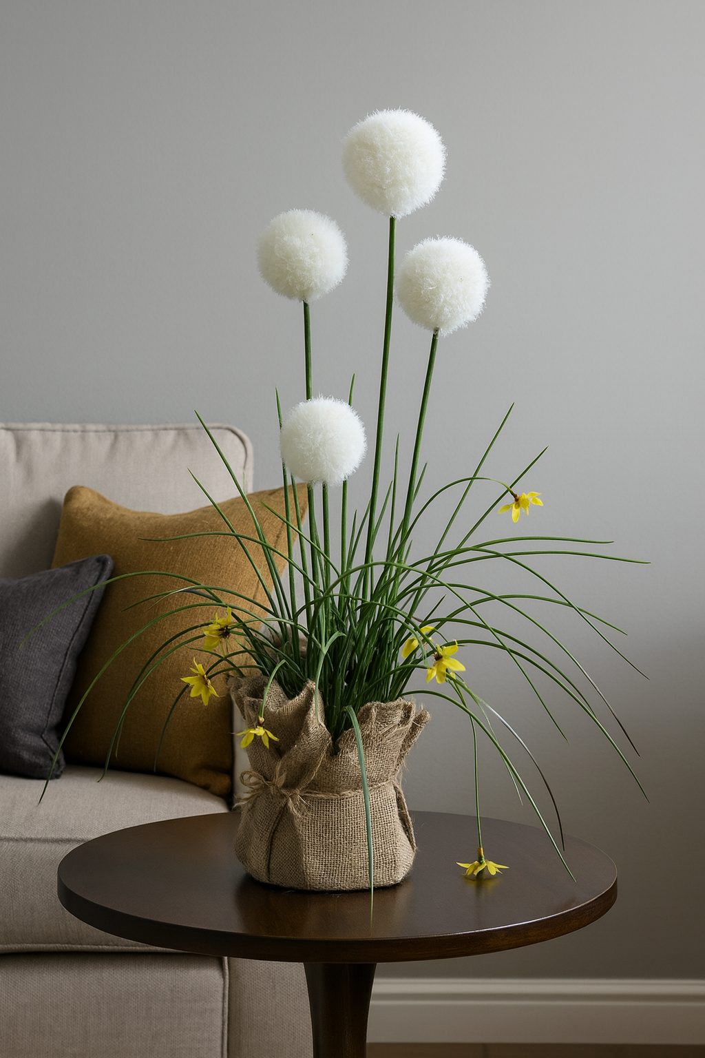 Artificial White Pom-Pom Potted Plant with Yellow Flowers – Rustic Burlap Pot
