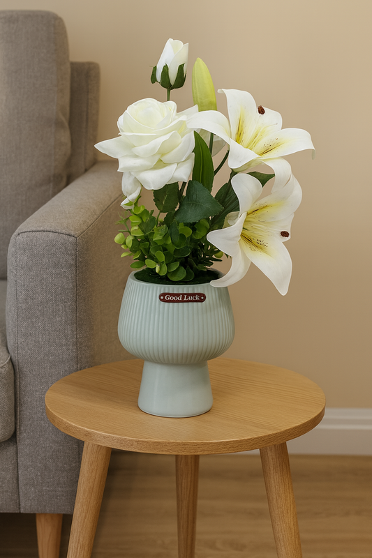 Artificial Red Rose & White Lily Bouquet in Ceramic Vase – Elegant Faux Flower Arrangement for Home & Office Décor