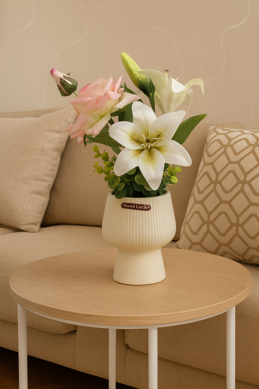 Artificial Red Rose & White Lily Bouquet in Ceramic Vase – Elegant Faux Flower Arrangement for Home & Office Décor