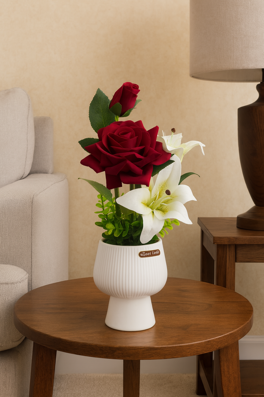 Artificial Red Rose & White Lily Bouquet in Ceramic Vase – Elegant Faux Flower Arrangement for Home & Office Décor