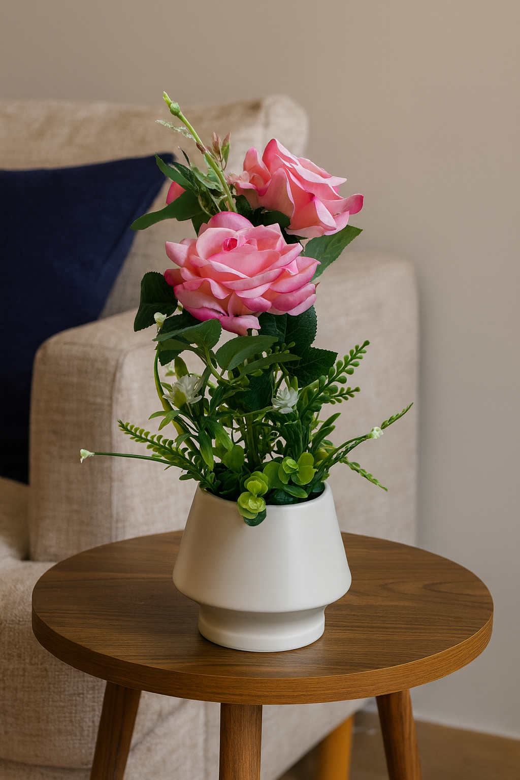 Artificial Red Rose Bouquet in White Ceramic Vase – Romantic Faux Flower Arrangement for Home & Office Décor