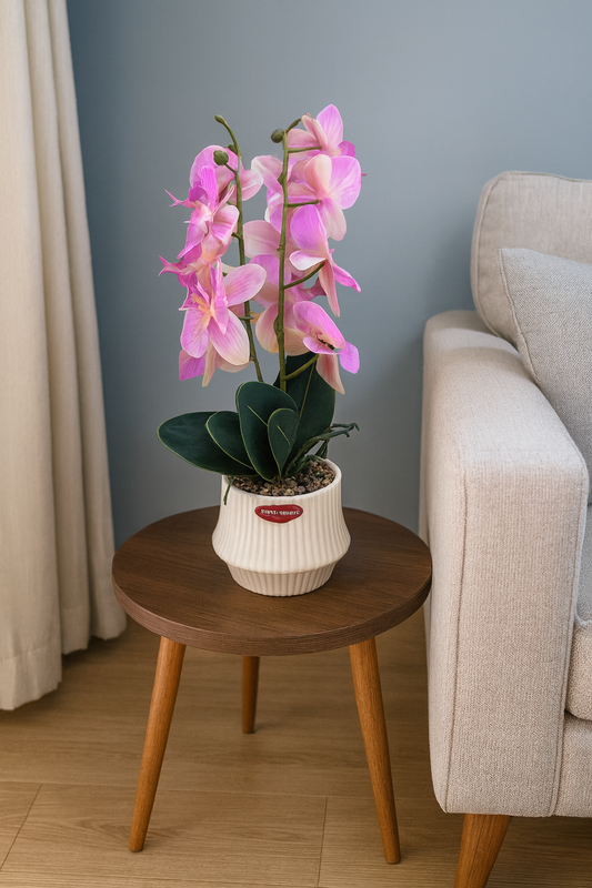Artificial Orchid Plant in White Ceramic Pot – Elegant Pink Faux Flowers for Home & Office Décor