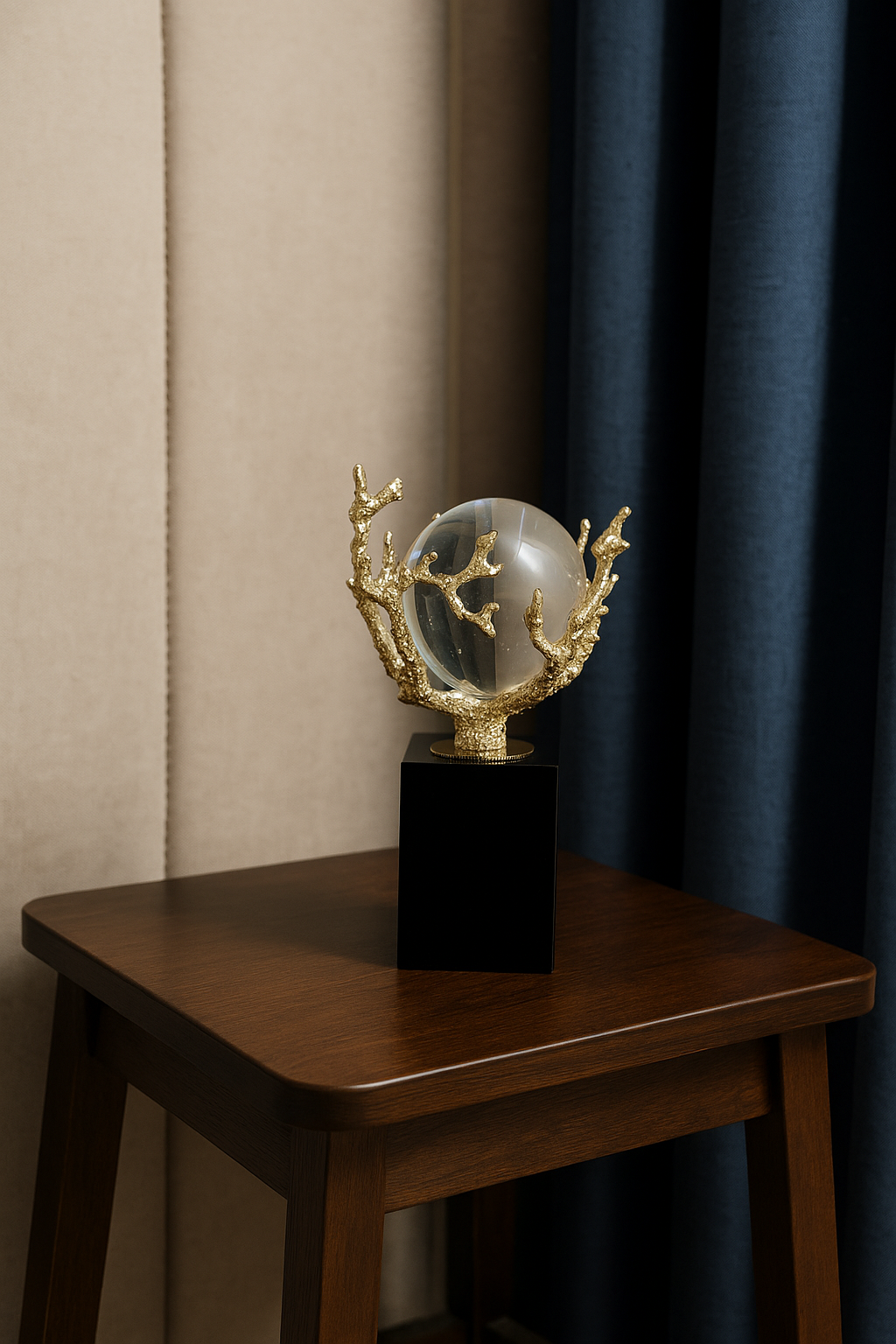 Crystal Globe with Golden Coral Holder – Luxury Decorative Sculpture