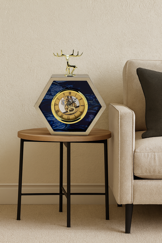 Luxury Hexagon Table Clock with Golden Deer Figurine – Blue Marble Finish