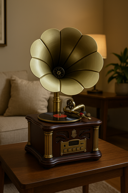 Luxury Vintage Gramophone MP3 Speaker with Moving Disc – Retro Golden Horn Rechargeable Showpiece