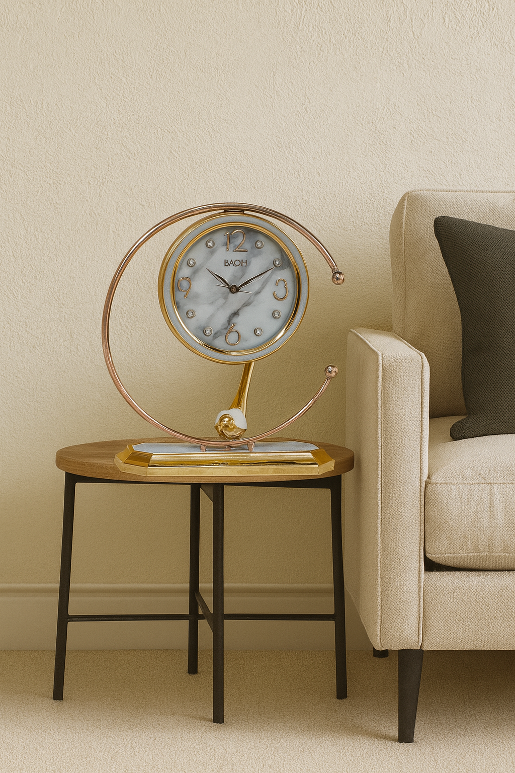 Luxury Spiral Frame Table Clock – Marble Dial with Golden Accents