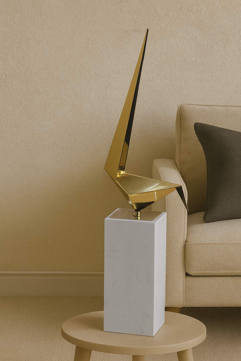 Golden Abstract Sculpture – Marble Base