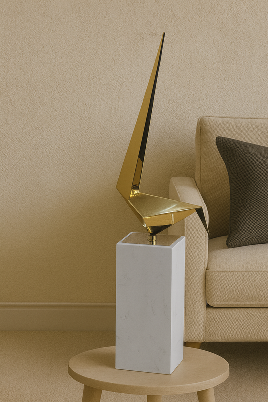 Golden Abstract Sculpture – Marble Base