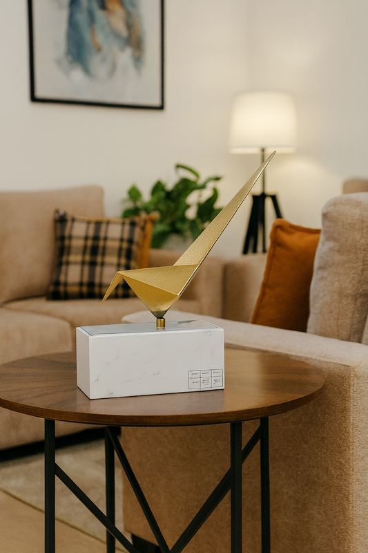 Golden Abstract Sculpture – Marble Base