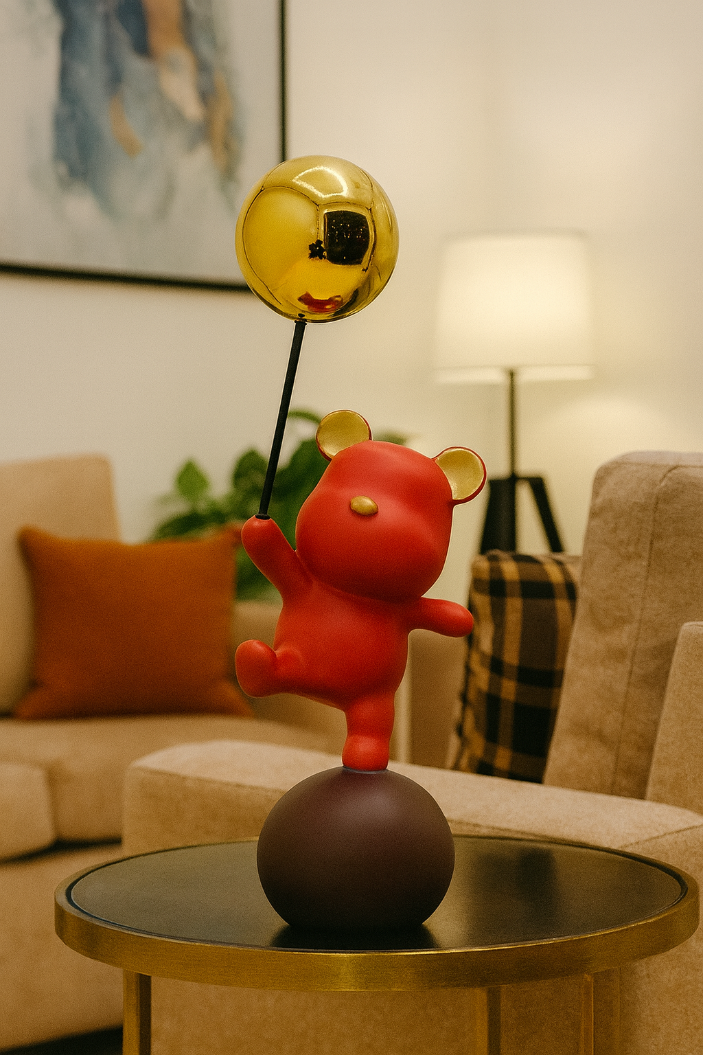 Red Bear Sculpture with Golden Balloon – Modern Decorative Showpiece