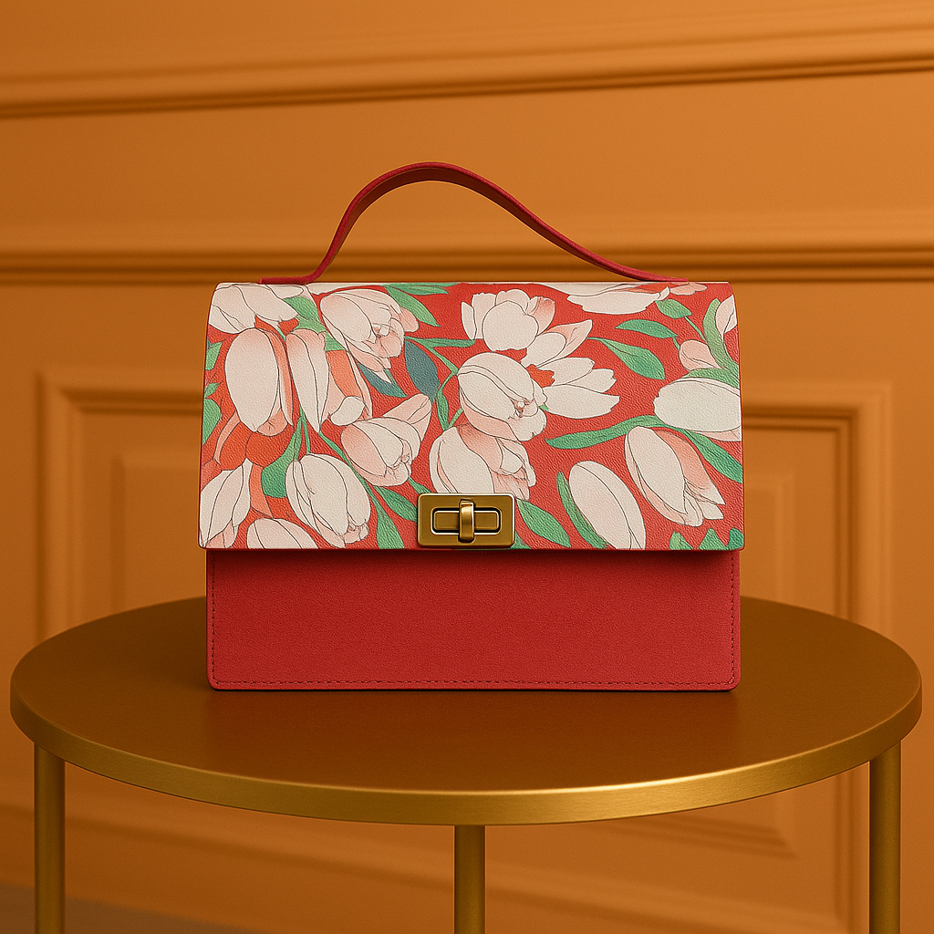 Elegant Pastel Floral Top-Handle Handbag with Tulip Print & Turn-Lock Closure