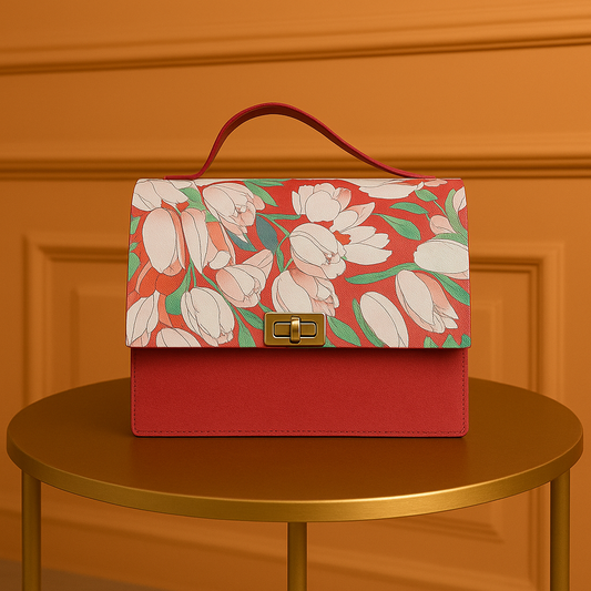 Elegant Pastel Floral Top-Handle Handbag with Tulip Print & Turn-Lock Closure