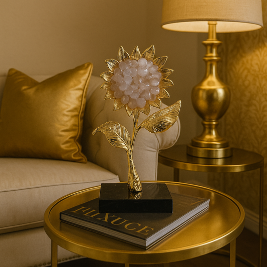 Radiant Golden Sunflower Sculpture with Rose Quartz Crystal Petals - Elegant Floral Decor