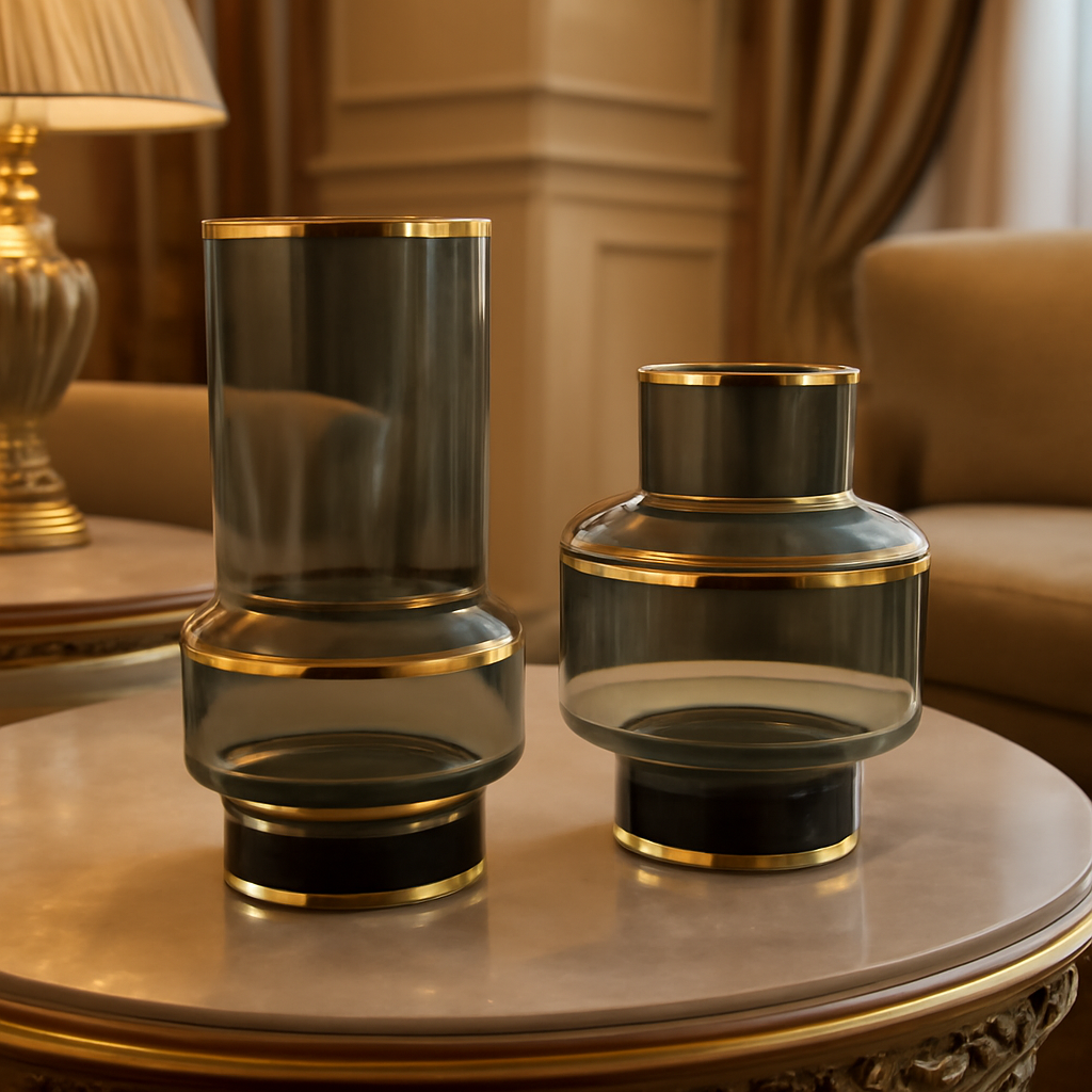 Elegant Mel Rin Style Smoky Gray Glass Vase with Gold Bands - Modern Decorative Vase