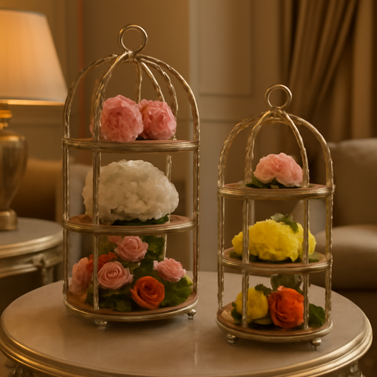 Elegant Gold Metal Birdcage Decorative Display Stand with Mirrored Bases