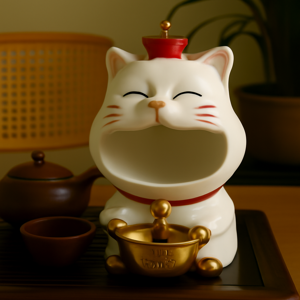 Lucky Cat Maneki-neko Storage Figurine with Gold Ingot