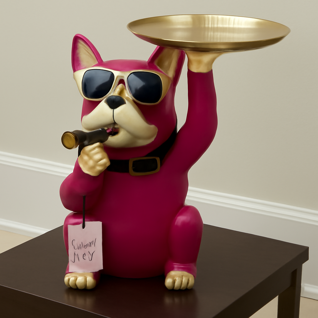 Funky Bulldog Butler Statue with Serving Tray - Decorative Organizer