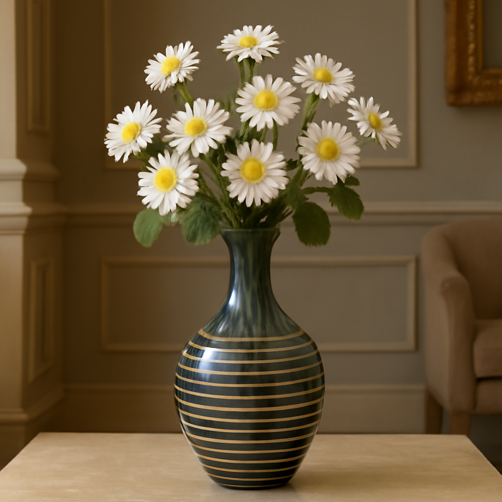 Elegant Smoky Gray Glass Vase with Gold Horizontal Stripes - Modern Decorative Vase