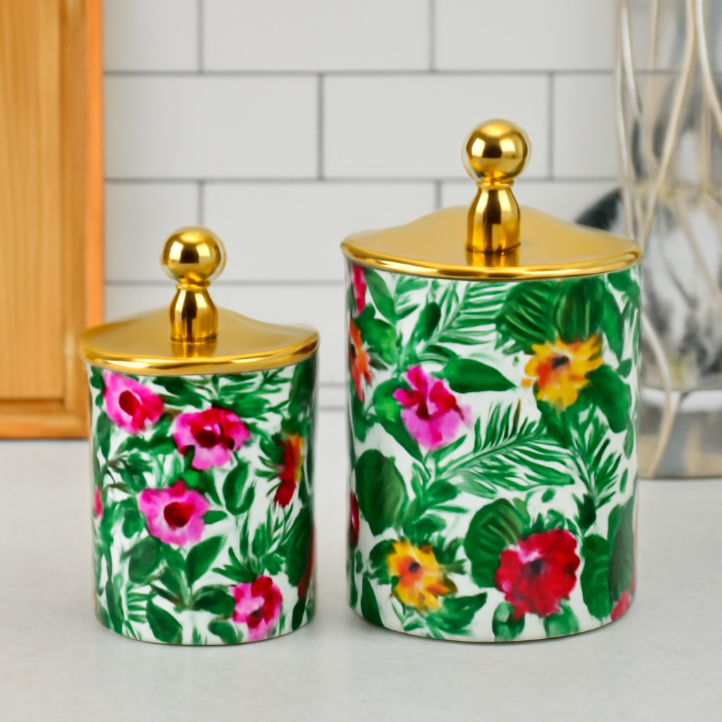 Set of 2 Tropical Floral Ceramic Storage Jars with Gold Lids - Decorative Canisters