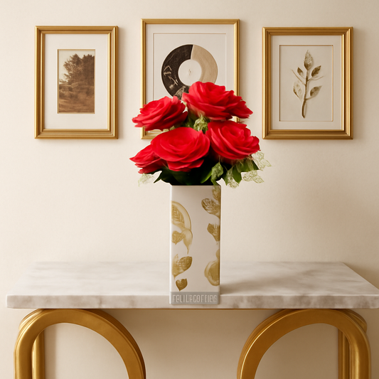 Elegant White Vase with Gold Polka Dots & Artificial Red Rose Bouquet