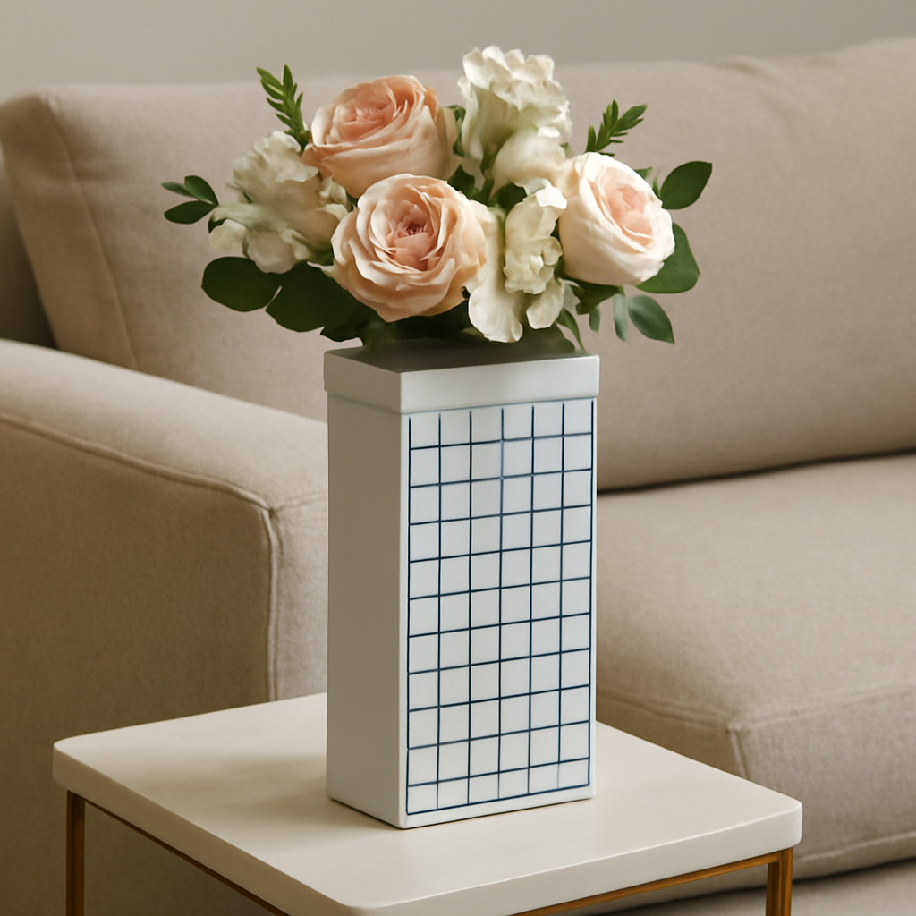 Modern White Ceramic Rectangular Vase with Black Grid Pattern - Minimalist Decor