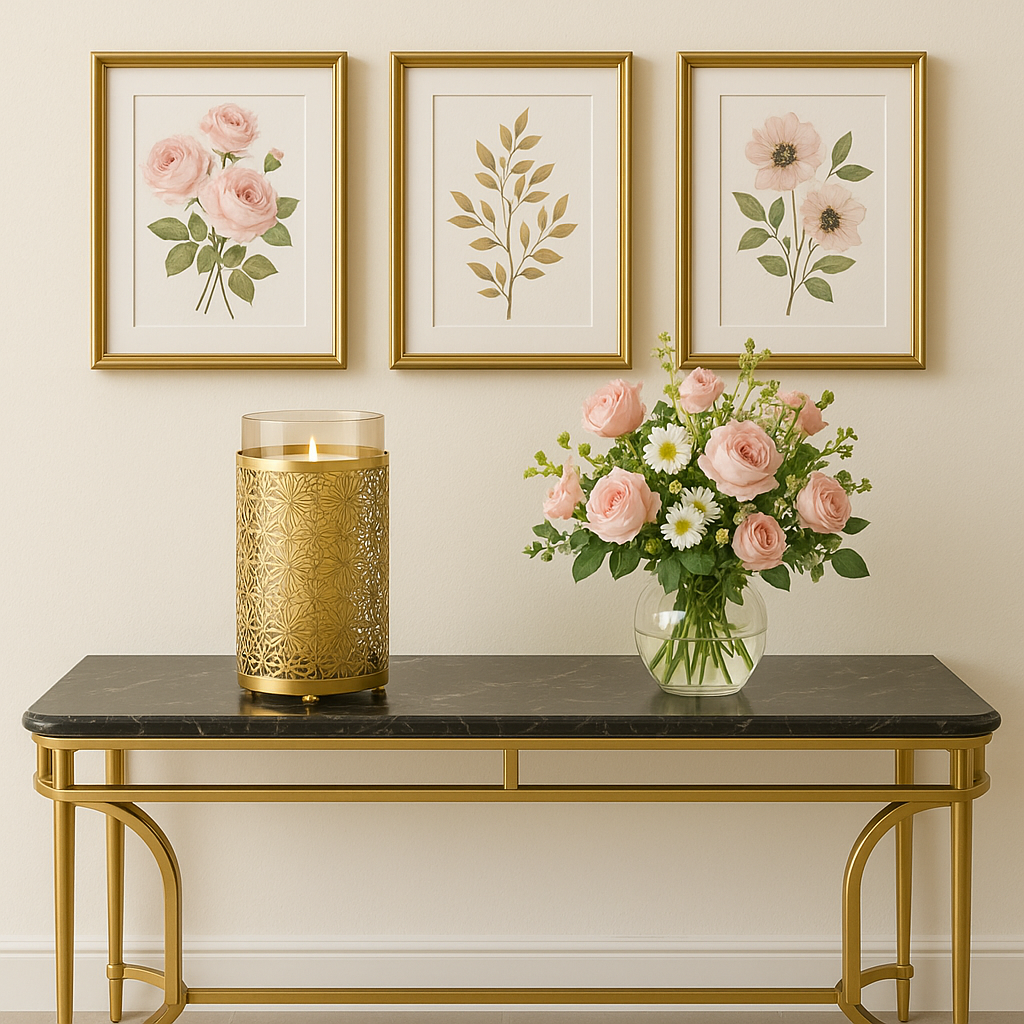 Elegant Gold Metal Filigree Candle Holder with Amber Glass Insert - Decorative Lantern