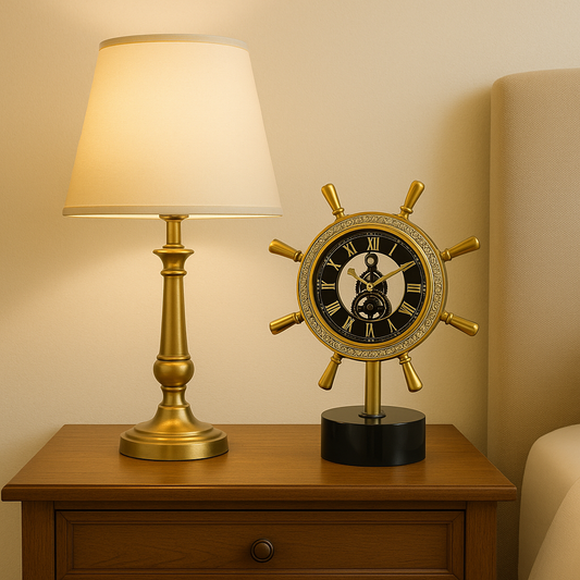 Nautical Ship's Wheel Table Clock with Exposed Gears - Vintage Style Desk Decor