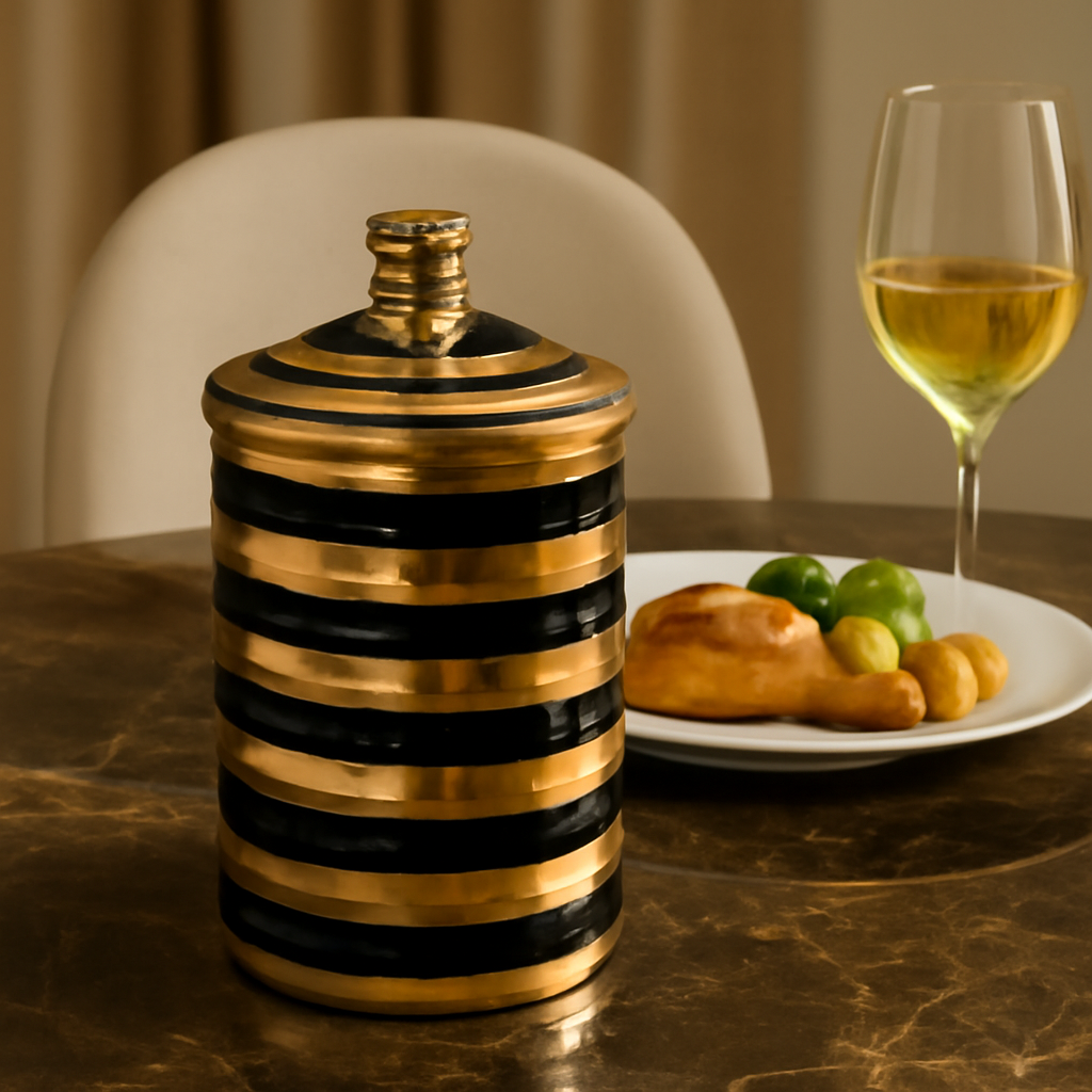 Elegant Black & Gold Striped Ceramic Storage Jar with Lid - Decorative Canister