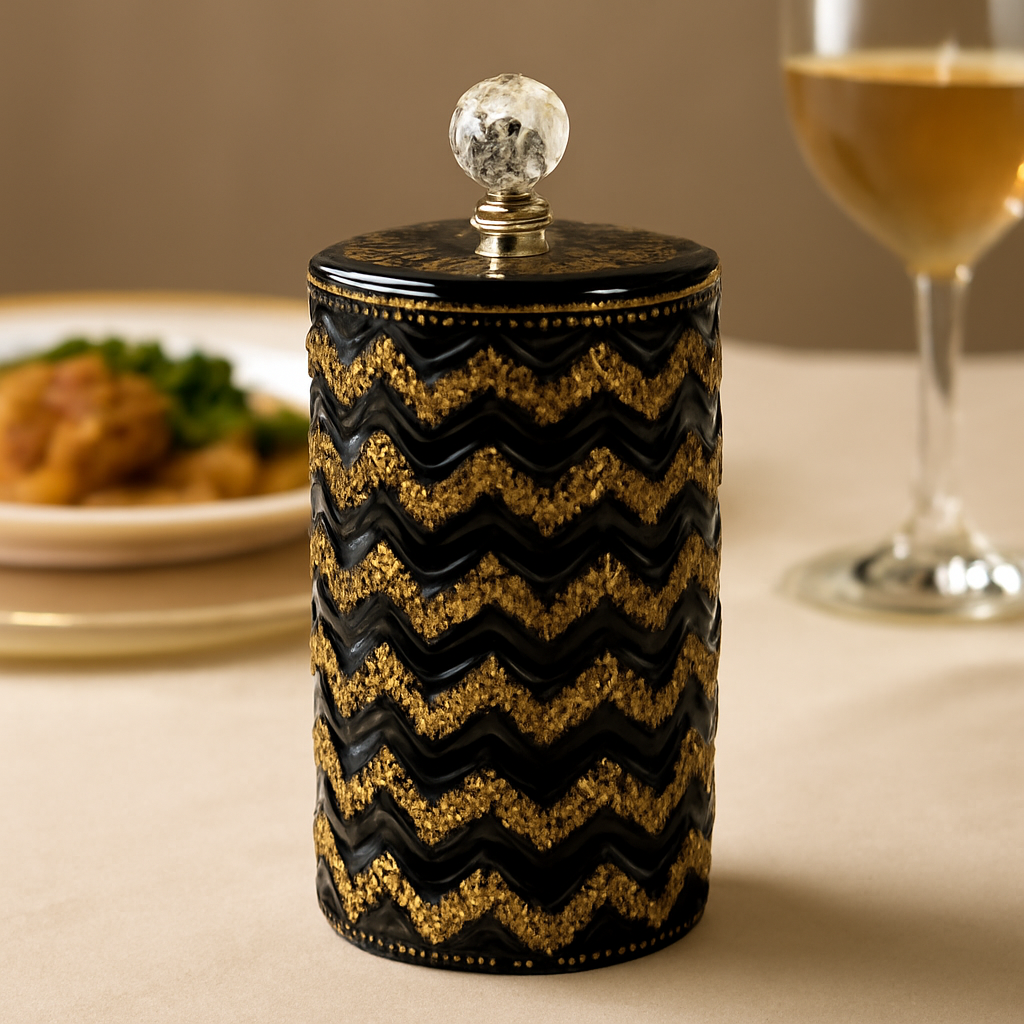 Elegant Black Ceramic Storage Jar with Gold Textured Pattern & Crystal Knob Lid - Decorative Canister