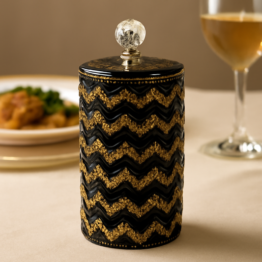 Elegant Black Ceramic Storage Jar with Gold Textured Pattern & Crystal Knob Lid - Decorative Canister