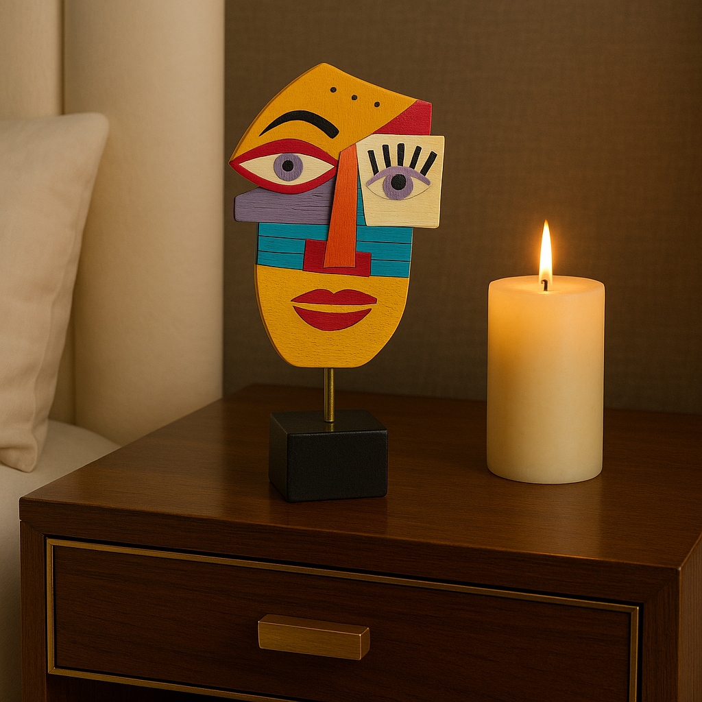 Colorful Abstract Face Sculpture on Black Base - Modern Art Decorative Figurine