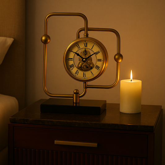 Modern Abstract Gold Frame Table Clock with Exposed Gears on Black Base - Sculptural Desk Clock