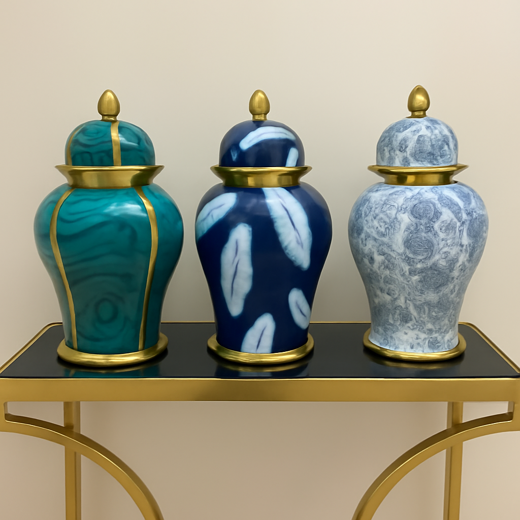 Elegant Teal & Gold Marbled Ceramic Ginger Jar with Lid - Decorative Urn