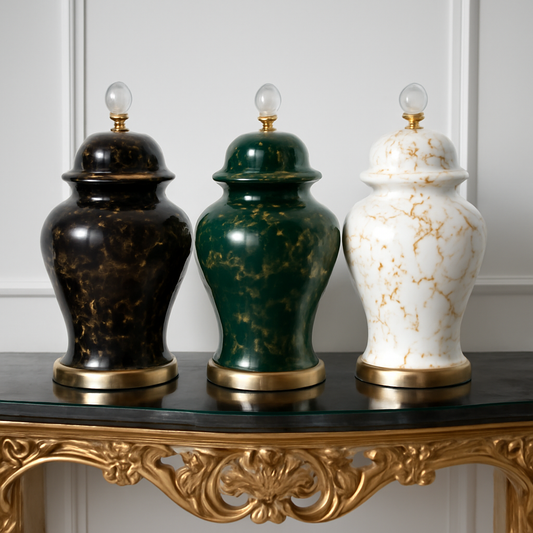 Elegant Forest Green & Gold Crackle Glaze Ceramic Ginger Jar with Crystal Knob - Decorative Urn