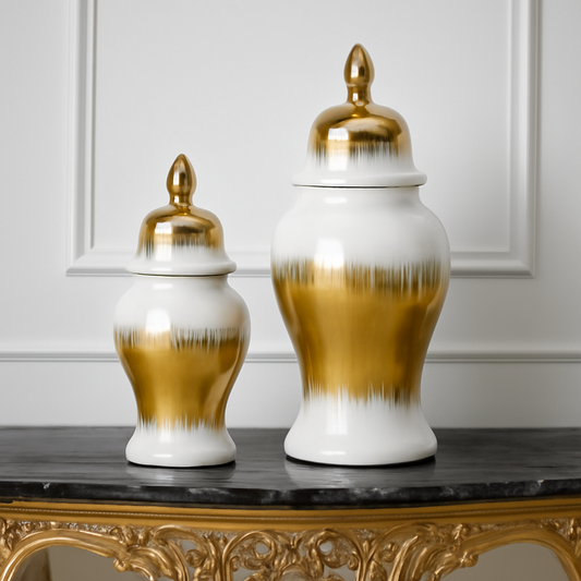 Elegant White & Gold Brushstroke Ceramic Ginger Jar with Lid - Decorative Urn