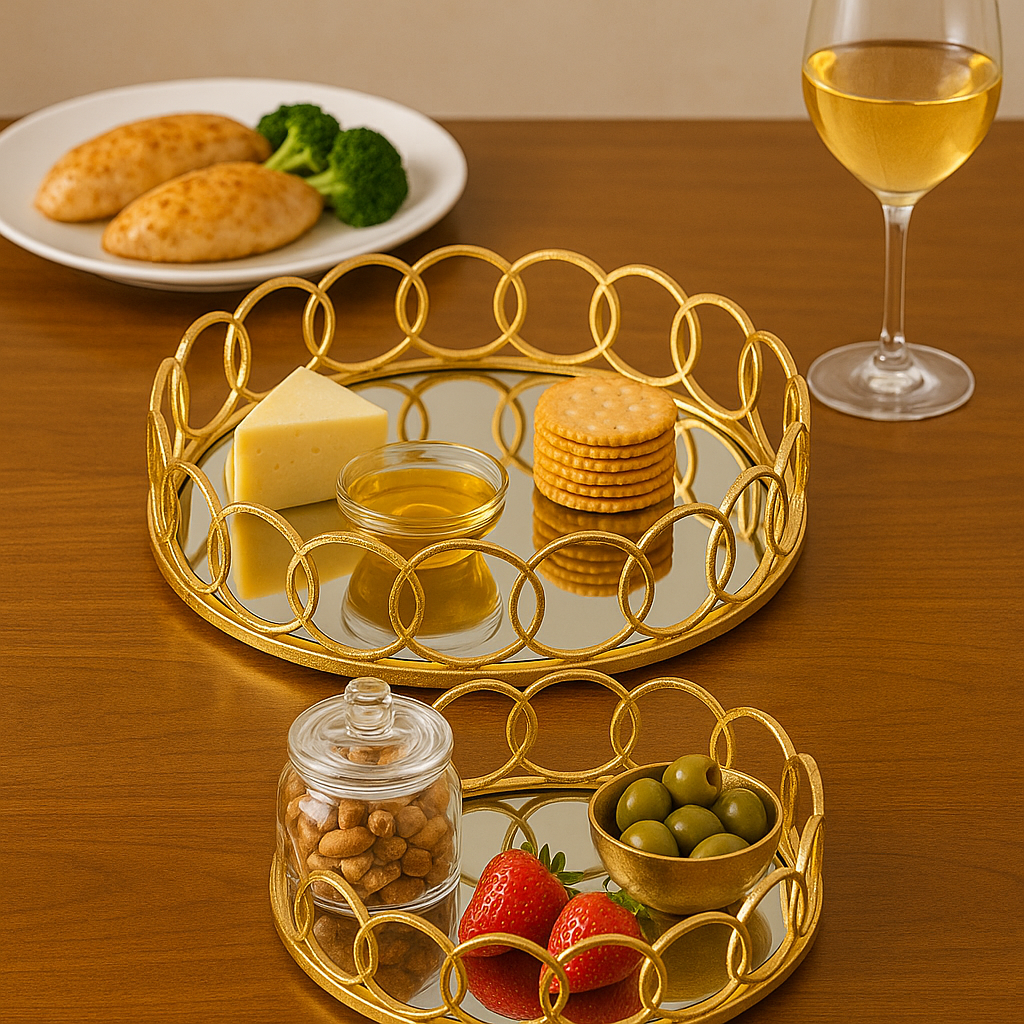 Elegant Gold Circular Metal Two Trays with Mirrored Base - Decorative Centerpiece Dish