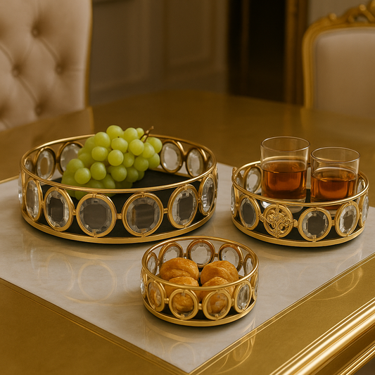 Set of 3 Elegant Gold Crown-Shaped Trays with Crystal Accents - Royal Decorative Dishes