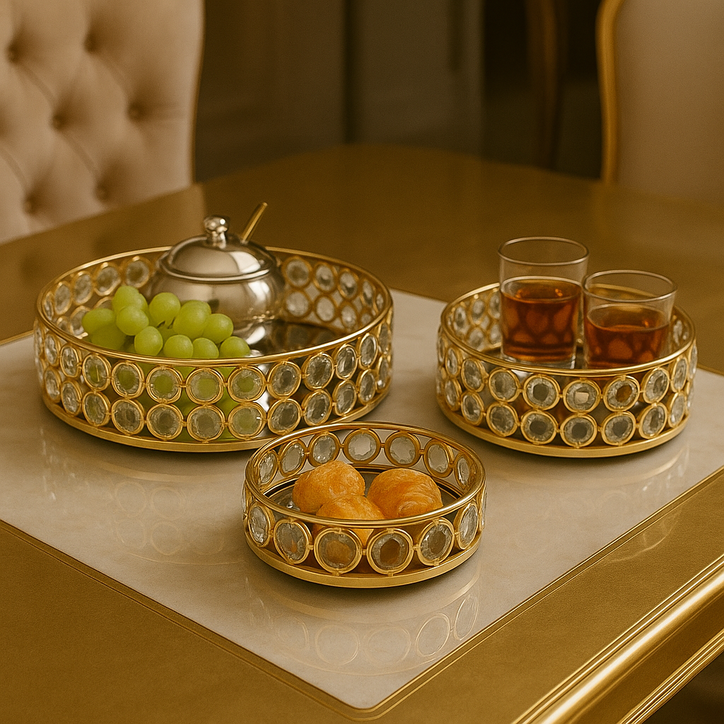 Set of 3 Elegant Gold Metal Trays with Crystal Accents - Decorative Nesting Dishes