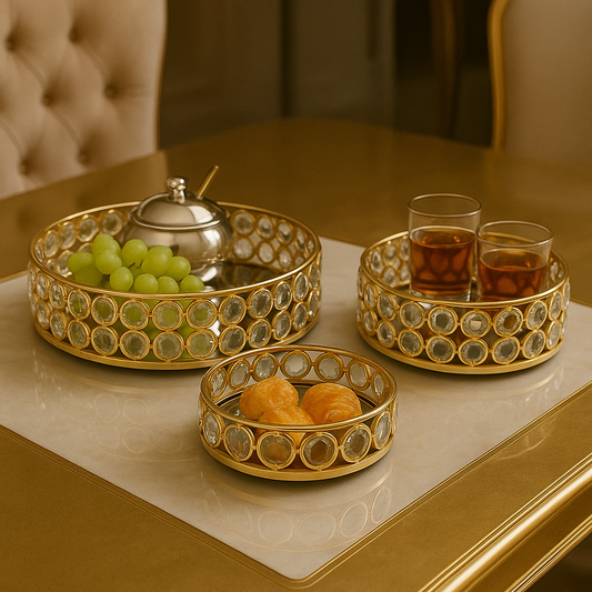 Set of 3 Elegant Gold Metal Trays with Crystal Accents - Decorative Nesting Dishes